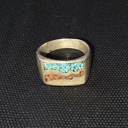Vintage Sterling Silver Coral & Turquoise Ring Size 8.75" Marked GMS FP 