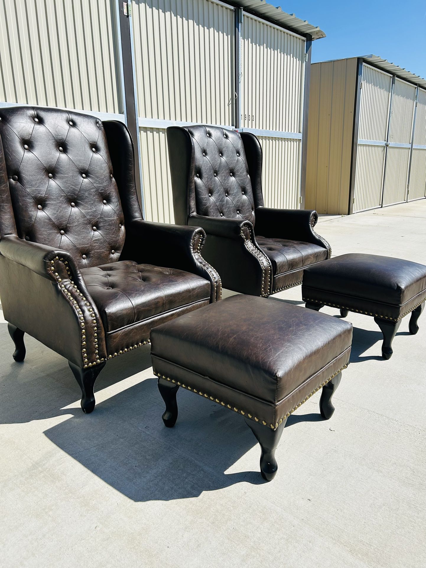 2 Dark Brown Marble Faux Leather High Back Chairs With 2 Foot Rest Ottomans 