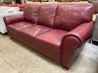 JASON FURNITURE Burgundy Leather Roll Arm 3-Seat Sofa