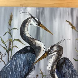 Pair Of Beautiful Herons Original Painting 