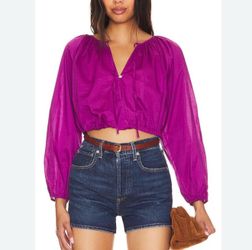 Rails Katia Top Size XS Women In Berry Preppy Blouson Sleeves Cotton Tie Neck
