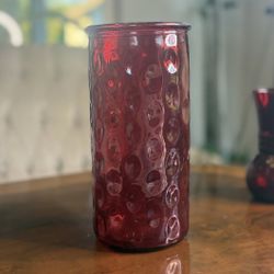 Red Glass Vase/Candle Holder, Cylinder w/ Thumb Imprints
