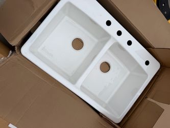 New Kohler Brookfield Double Over Mount Cast Iron Kitchen Sink White