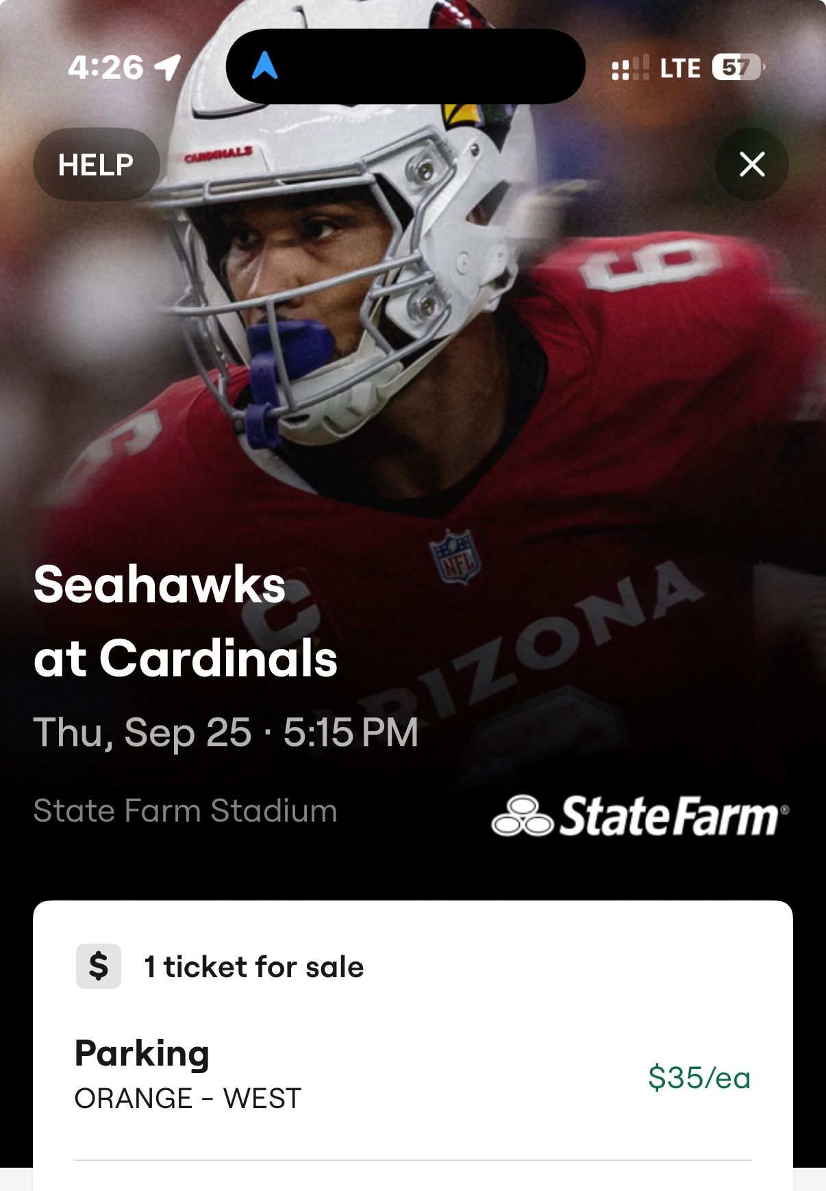 Parking pass -   Cardinals/Seahawks  game