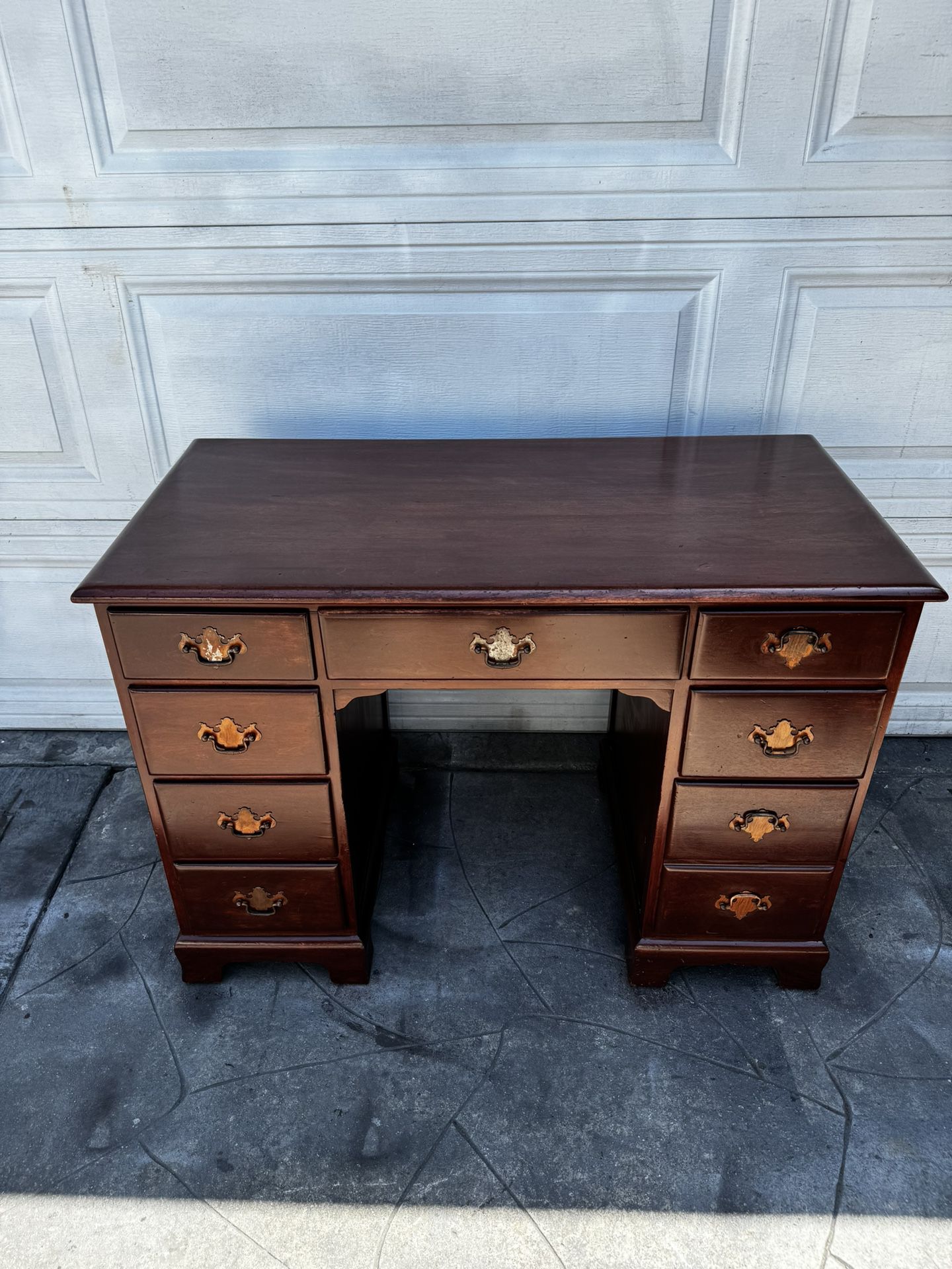Antique / vintage double pedestal kneehole solid mahogany English writing desk 21 1/2 deep x 42L x 30