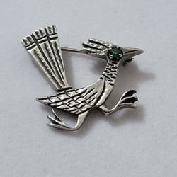 Retired James Avery Silver Roadrunner Green Emerald Eye Pin Brooch 