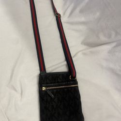 Vintage Michael Kors Signature, Black Crossbody Bag With Navy Blue And Red Adjustable Strap