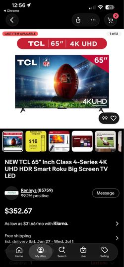 TCL 65" Inch Class 4-Series 4K UHD HDR Smart Roku Big Screen TV LED