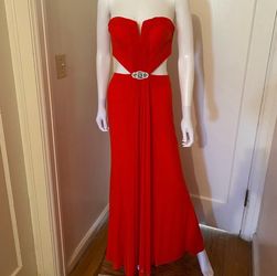 Red Strapless Cutout Evening Gown