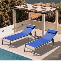3 Pieces Adjustable Aluminum Backrest Pool Lounge Chairs With Table - New In Box 