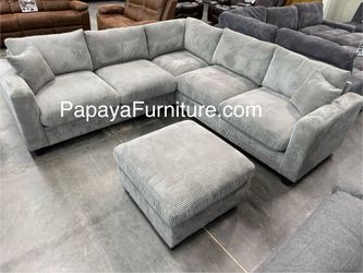 New Plush Light Grey Sectional Sofa And Ottoman, Sectionals, Sofa, Couch, Grey Couch, Grey Sofa, L-Shaped Sofa, Plush Sectional Couch,Living Room Sofa