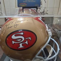 One Of One Joe Montana Signed Riddle Helmet In Display Case For Certificate Of Authenticity Inscribed Super Joe