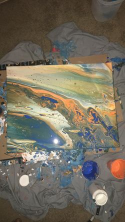 16x20 abstract: orange/blue/white