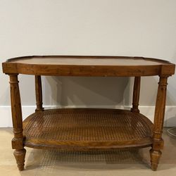Drexel Heritage Mid 20th Century Burl Walnut Caned Coffee Cocktail Table