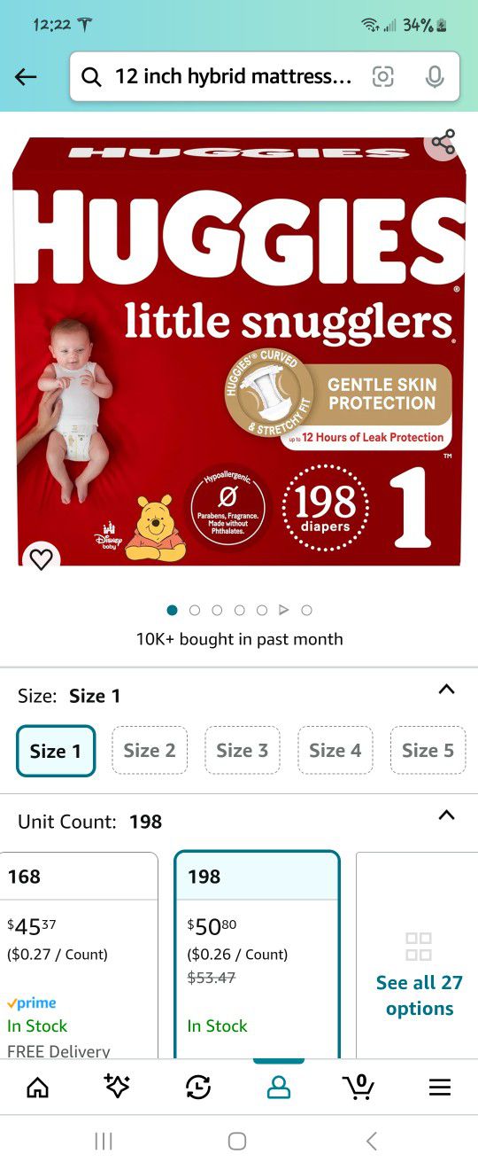 Brand New Packet Size 1 Of 198 Diapers.