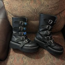 Mid-calf black strap, buckle platform boot with buckle decor-heart shape design /size 11