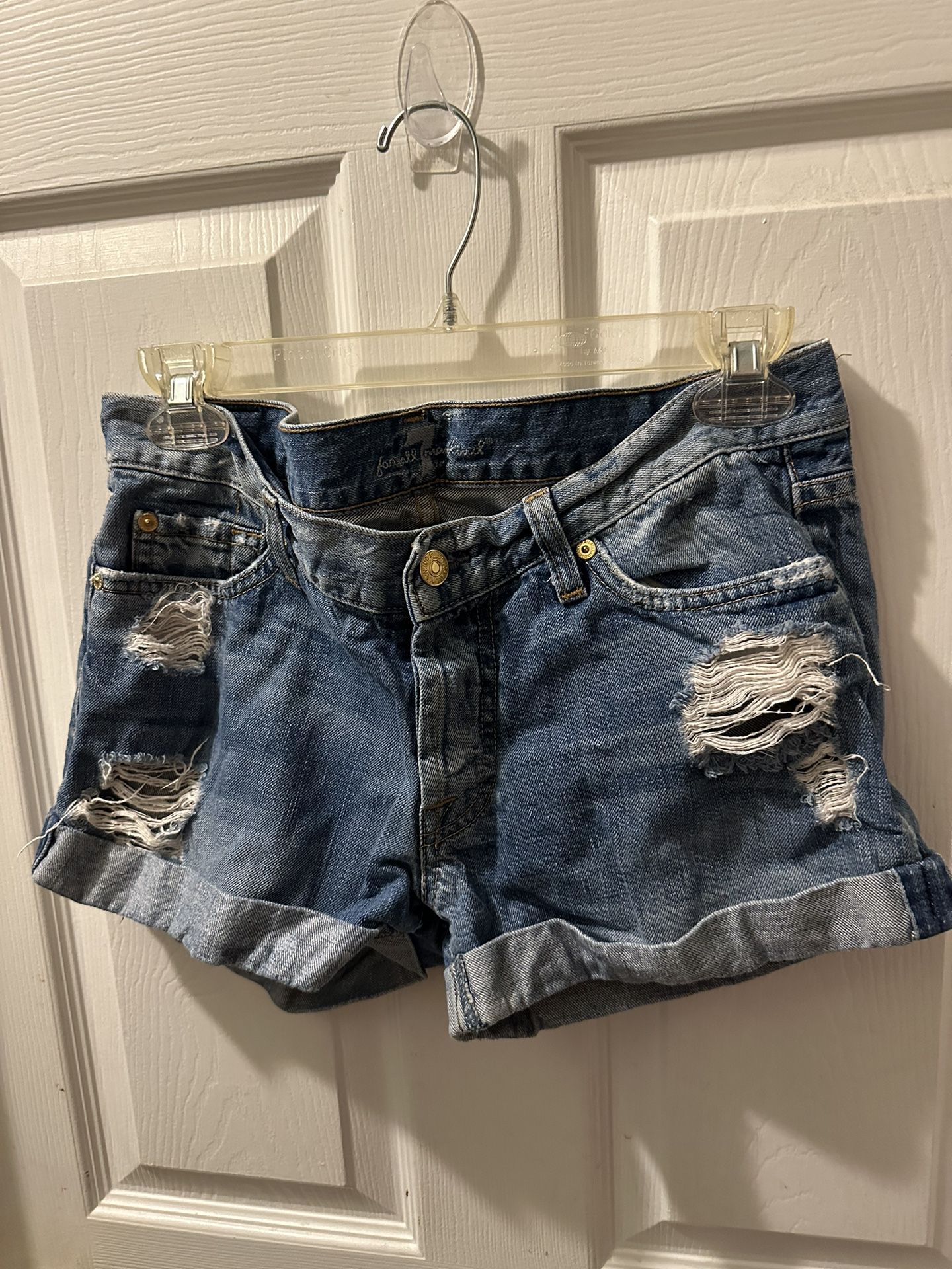 7 For All Mankind Distressed Denim Shorts Jeans Rolled Hem Size 27 Good Condition 