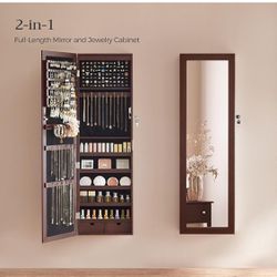 6 LEDs Mirror Jewelry Cabinet, 47.2-Inch Tall Lockable Wall or Door Mounted Jewelry Armoire Organizer with Mirror, 2 Drawers, 3.9 x 14.6 x 47.2 Inches