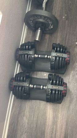 Bowflex dumbbells + EZ curl bar + 25lbs and 35lbs plates