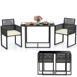 Tangkula 3 Pieces Outdoor Dining Set, Patio PE Rattan Furniture Set with Folding Backrest, Cozy Seat Cushions, Tempered Glass Tabletop, Space-Saving R