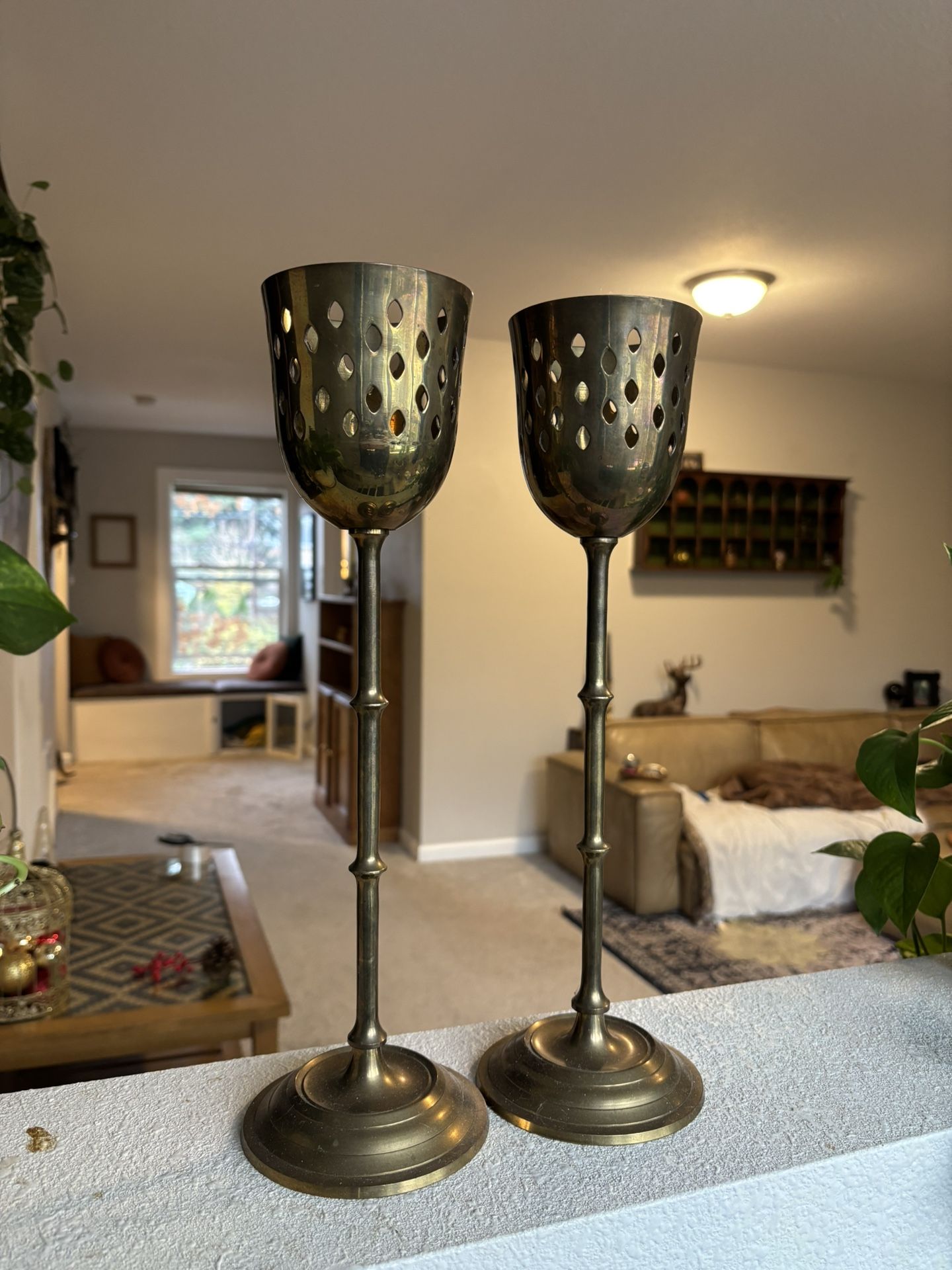 MCM Pierced Brass Goblets Tealight Candle Holders Set of 2
