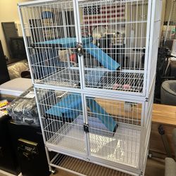 Small Metal Animal Cage, Rabbit Hutch with 4 Wheels, 2 Ramps and Re movable platforms
