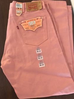 NWT MENS LEVIS STRAUSS 501 SHRINK TO FIT RAW UNWASHED DENIM PINK JEANS :38/32