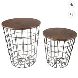 Lavish Home 80-ENDTBL-2 (Set of 2) Nesting End Storage Convertible Round Metal Basket Wood Veneer Top Accent Side Tables, Dark Brown