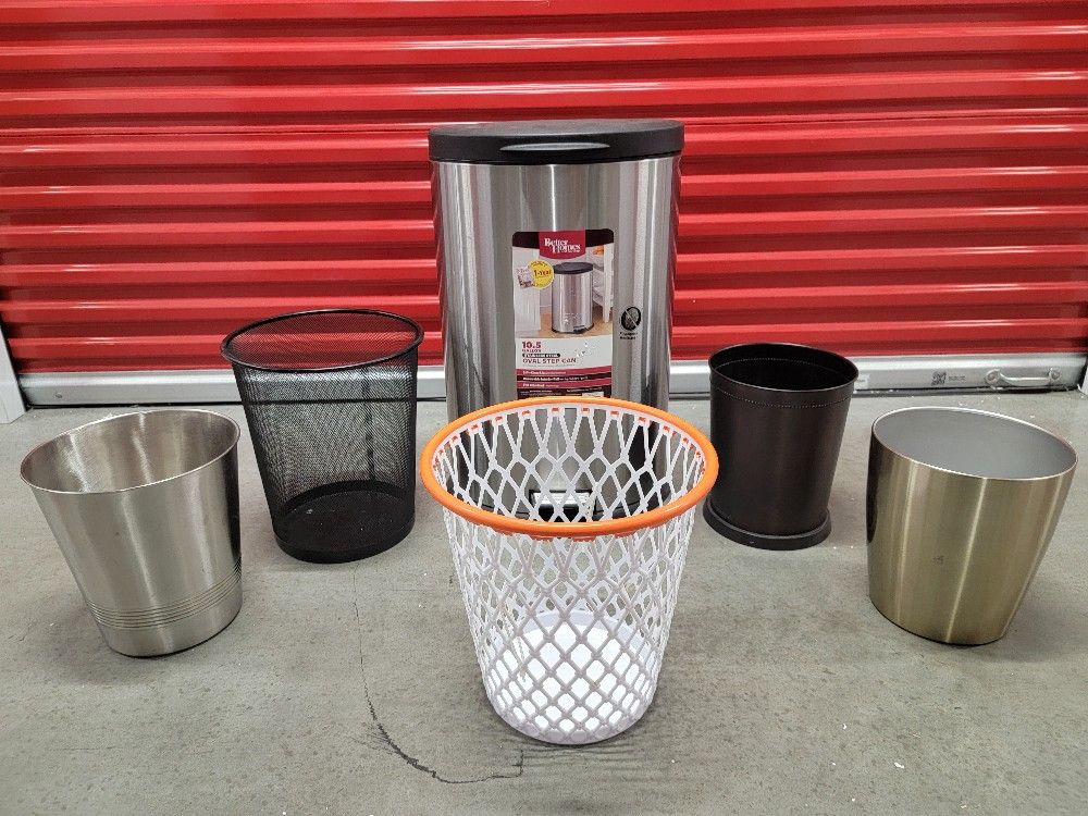 Lot Of (6) Different Style And Size Trash Cans Bins, NEW