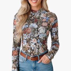 Women's Floral Mesh T-Shirt, High Neck, Long Sleeve, Floral Shirts