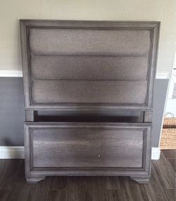 Twin Bed Frame Gray Wood and Upholstered Bed Headboard