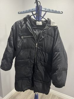 Zara Black Puffer Coat Long Jacket With Removable Hat girl Size 13-14