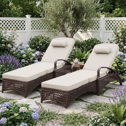 K597 $200 2-Piece Metal Wicker Outdoor Chaise Lounge with Khaki Cushions and Armrest