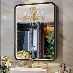 Brand New In The Box- Brightify Crystal LED Bathroom Mirror with Lights, 28x36 Inch Black Dual-Layer Metal Framed Rectangluar Vanity Mirror, Anti-Fog,