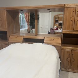 Oak Wood Queen Size Bed Unit Without Mattress and Frame