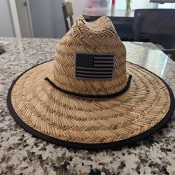 Men's Straw Sun Lifeguard Beach Hat  Wide Brim One Size Usa flag