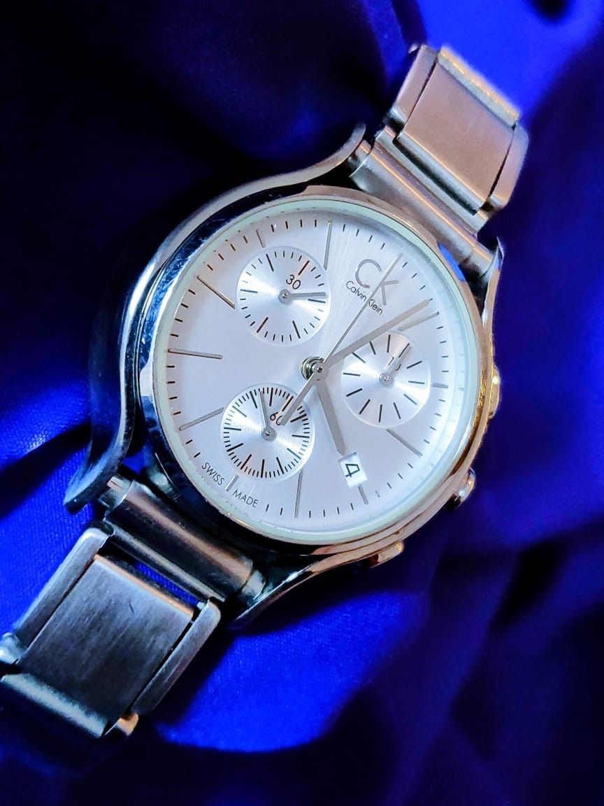 Calvin Klein Swiss Made Chrono Women's Vintage Watch New battery fully working Case Dia 36mm Swiss Made Swiss movement Flexible stretch band Great
