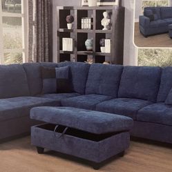 Blue Velvet Sectional Couch And Ottoman