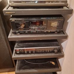 1986 Stereo System with TechnicsTurntable,Amp,Dbl Cassette Deck, 2 Klipsch Speakers, &  Multi-level Stand