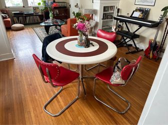 60’s Mod Dining Table & Two Retro Leather Chairs