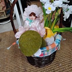 Beautiful Pink Floral Porcelain Doll N Basket 