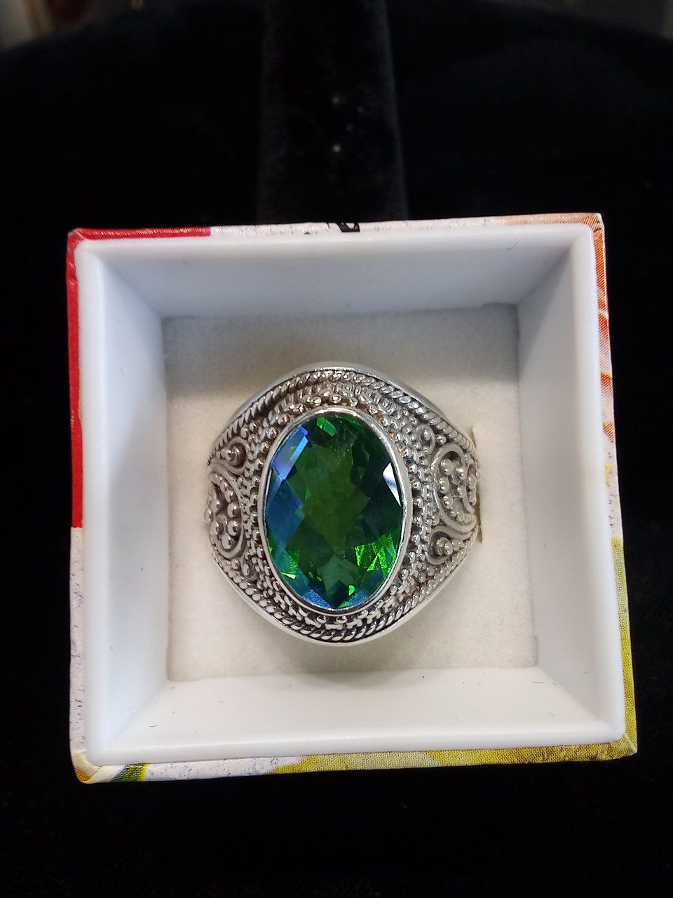Silver blue/green stone ring