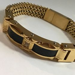 Men’s 8” Gold On Stainless Steel Bracelet with Black Detailed Center + CZ  *Pickup Boca Raton