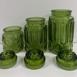 Set of 3 LE Smith Green Moon & Stars Glass Kitchen Canister Lids Apothecary
