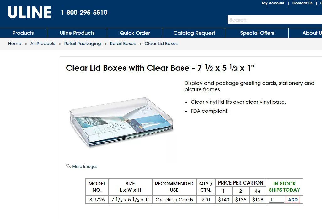 150 Clear Stationery Boxes 7 1/2" x 5 1/2" x 1"