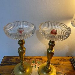 CANDELABROS ANTIGUOS DE BRONCE Y CRISTAL 