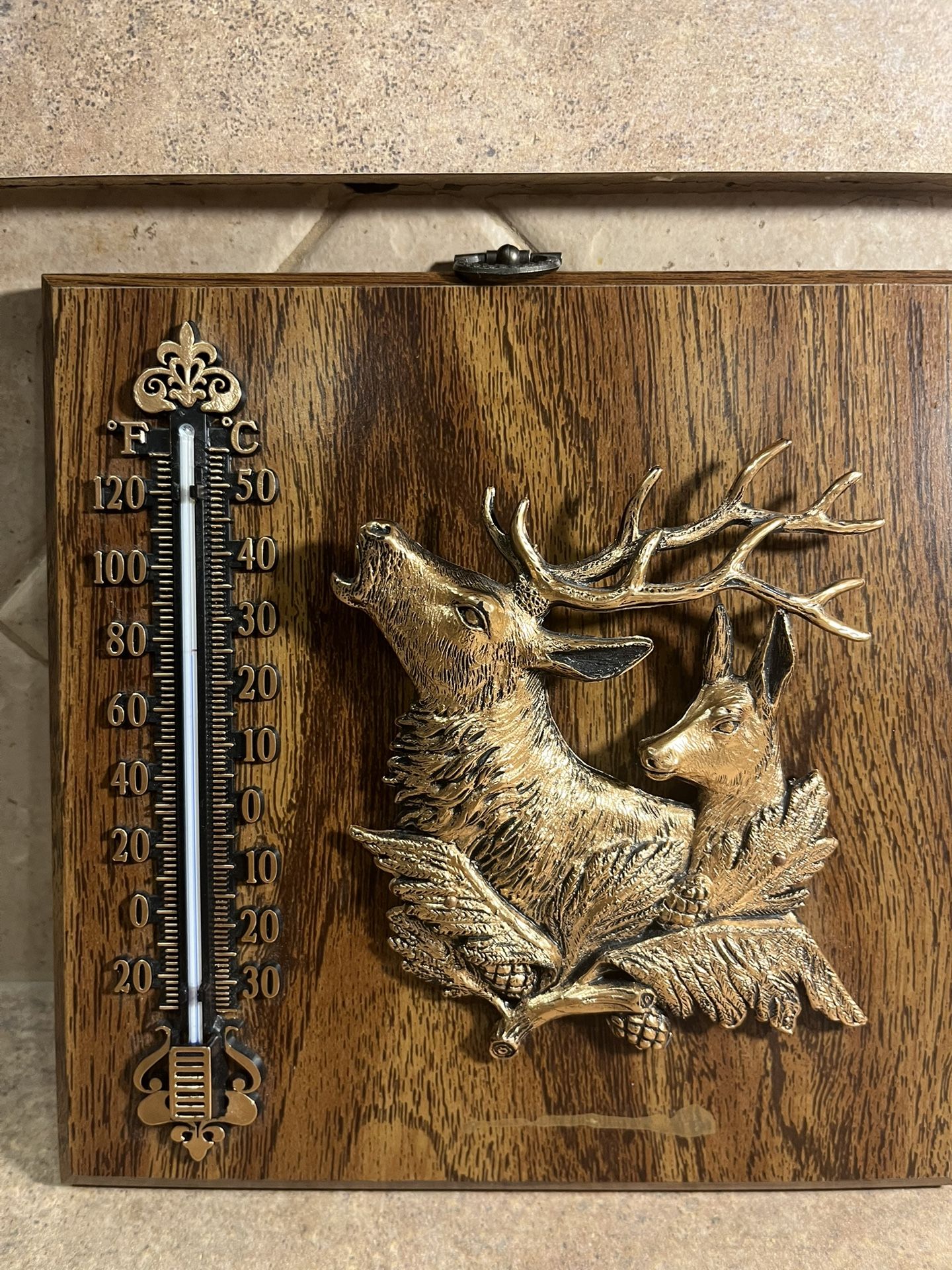 Curated visual reference: Gallery Detail: Vintage Wooden Wall Plaque Thermometer W Copper Color Deer Buck