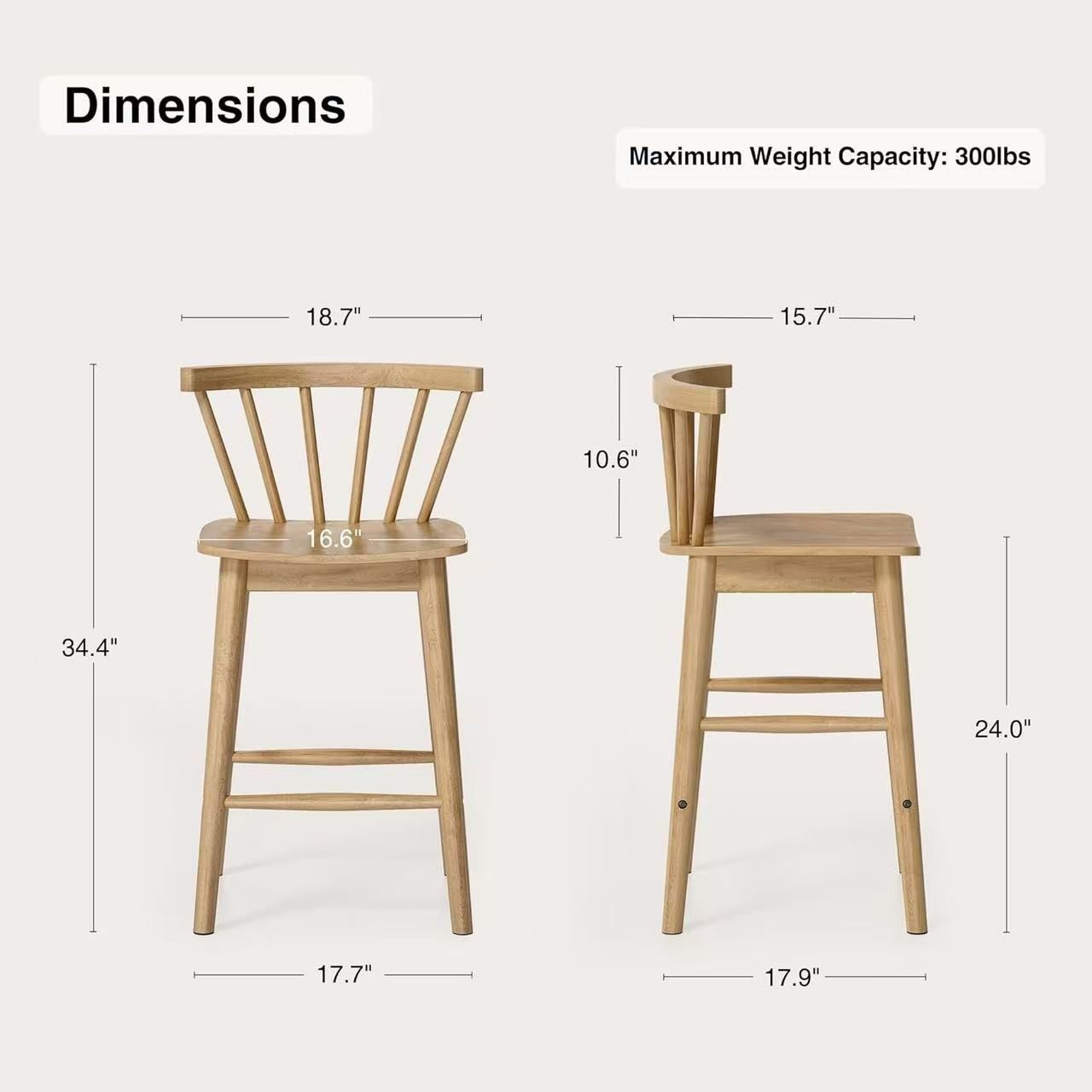 🥨2Pcs 24" Wooden-Counter-Height Wood Bar Stools, Barstools, Modern Armless Farmhouse Bar Dining Chairs with Back & Footrest for Kitchen Island, Pub,