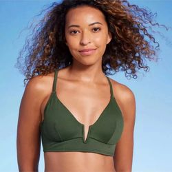 Shade & Shore Women's Size 32B Ribbed Longline V-Wire Bikini Top Green NWT