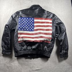 Vintage Leather Motorcycle Jacket American Flag Mens Size M Black Liner Wilson